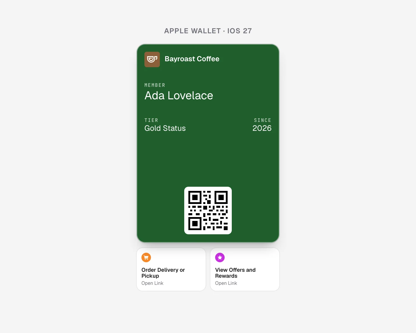 A Bayroast Coffee membership pass on Apple Wallet with two tiles under it, Order Delivery or Pickup and View Offers and Rewards