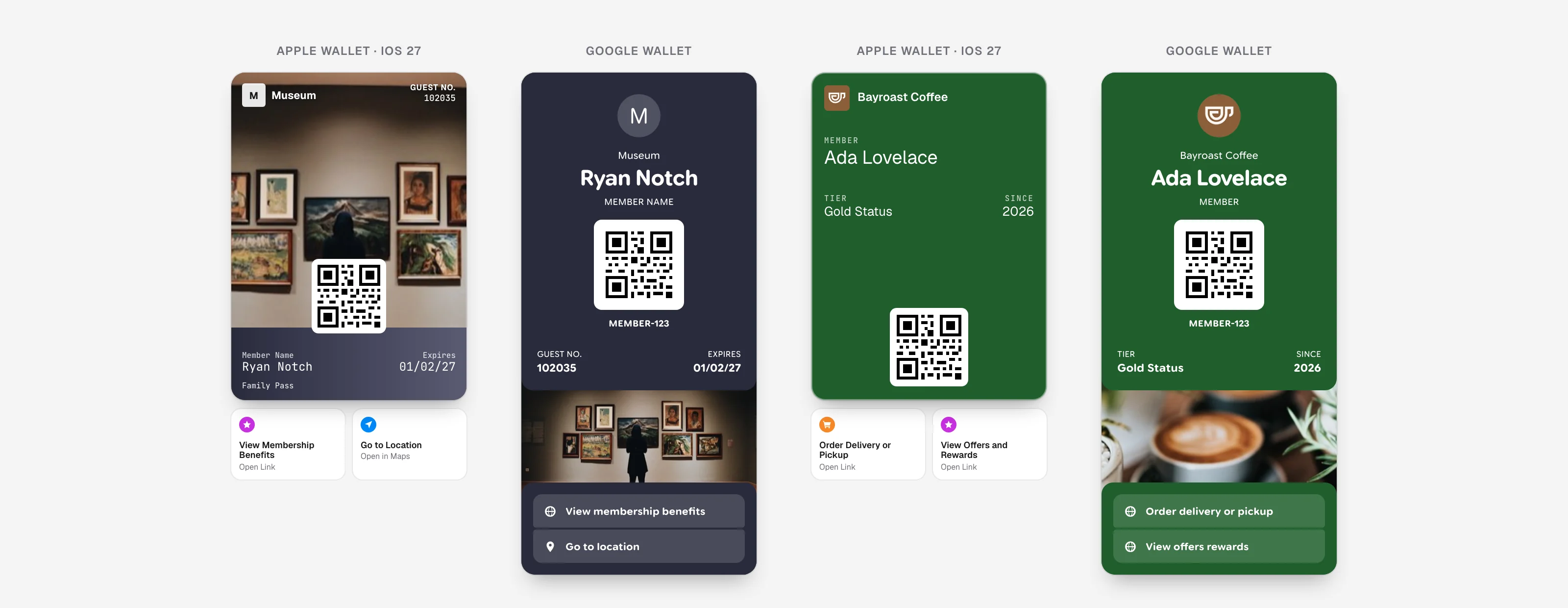 Two passes on both wallets: a museum poster pass and a coffee loyalty card, each on Apple Wallet with two featured action tiles and on Google Wallet with the same actions as link rows