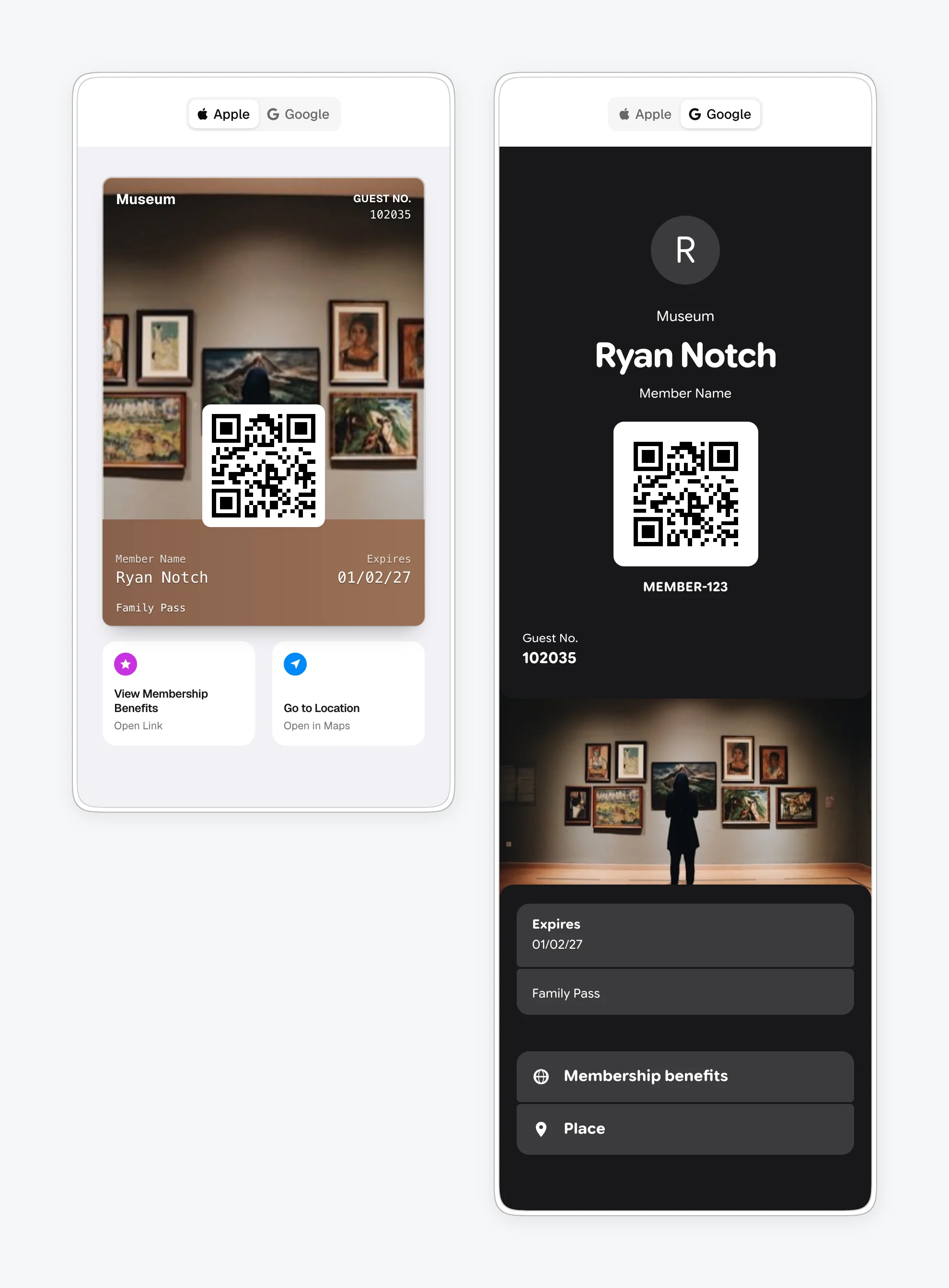 The pass editor’s two previews side by side: the Apple poster with its strip and action tiles, and the Google card with the artwork band and the actions as rows