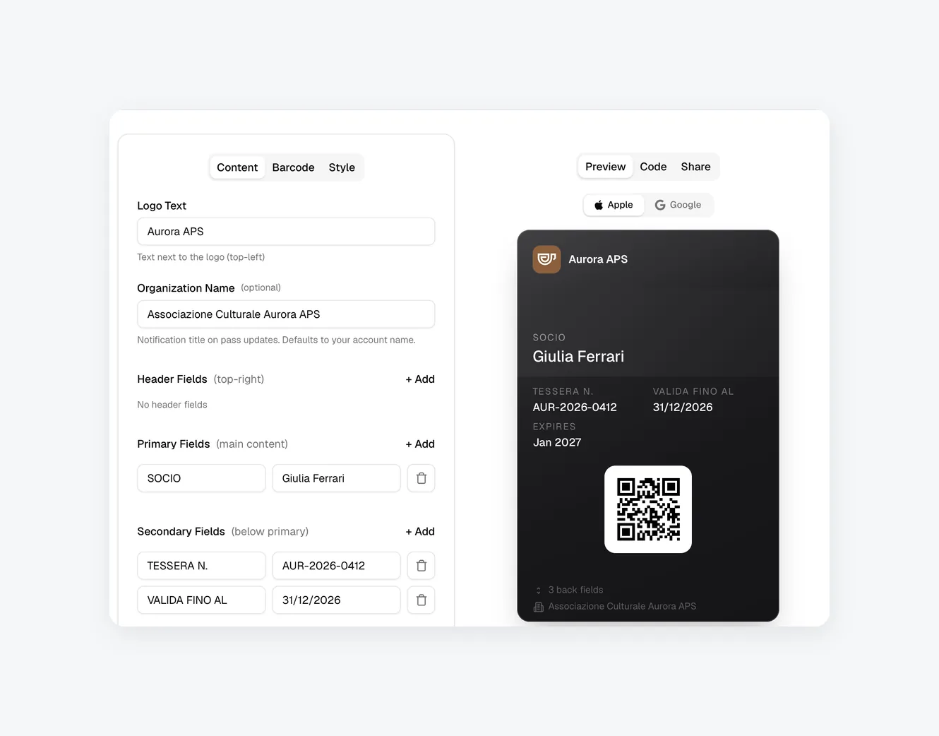 Il Pass Editor di WalletWallet con una tessera associativa italiana in compilazione