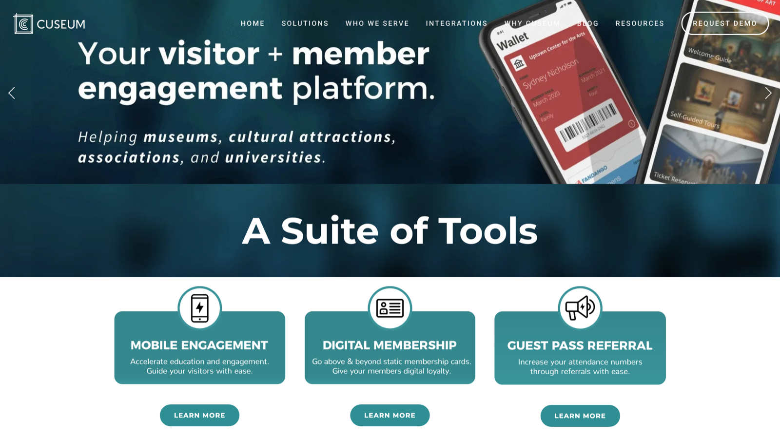Cuseum homepage showing its visitor and member engagement platform