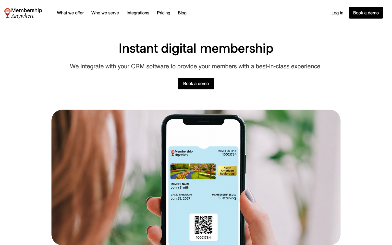 MembershipAnywhere homepage showing a digital membership card