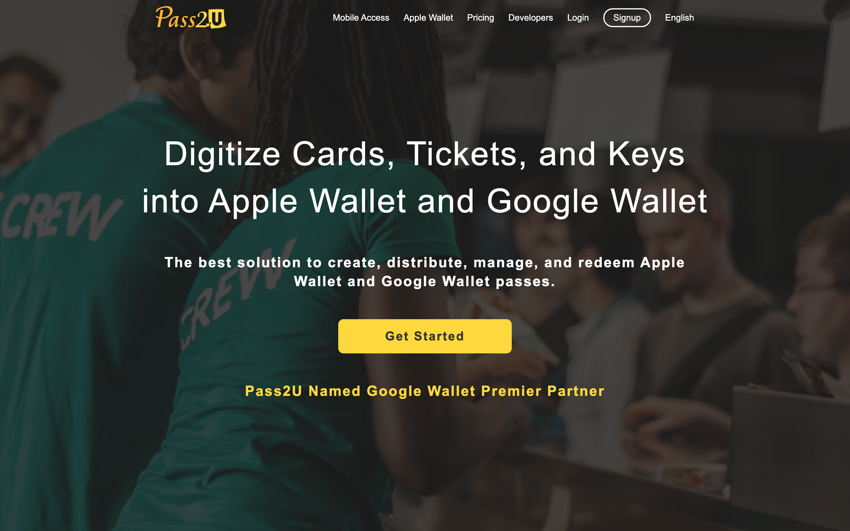 Pass2U homepage describing Apple Wallet and Google Wallet pass management