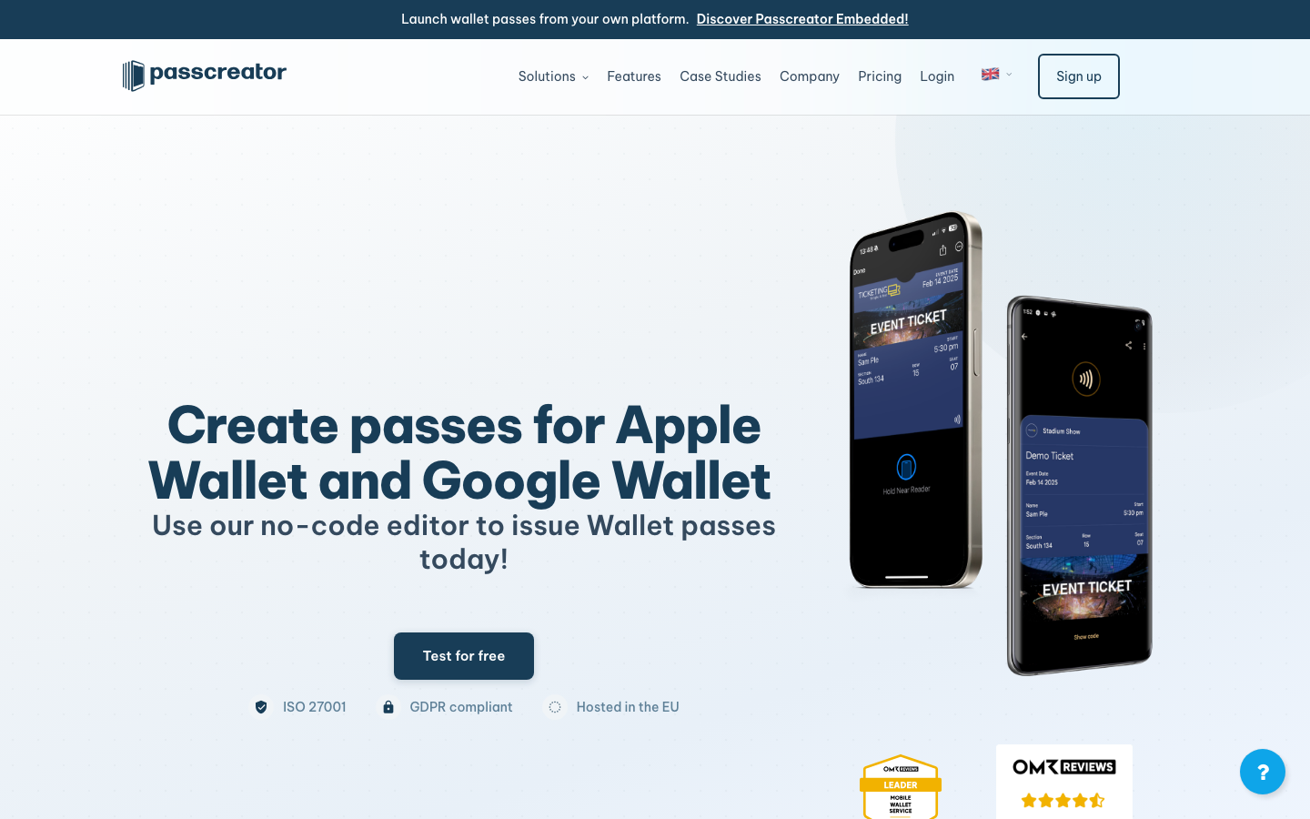 Passcreator homepage showing its no-code Apple Wallet and Google Wallet pass editor