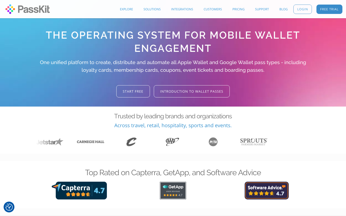 PassKit homepage describing its Apple Wallet and Google Wallet engagement platform