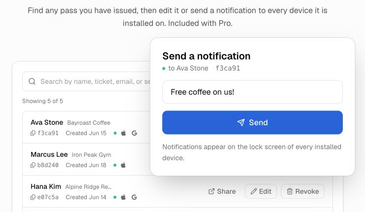 WalletWallet Pass Manager showing individual card operations and a push notification