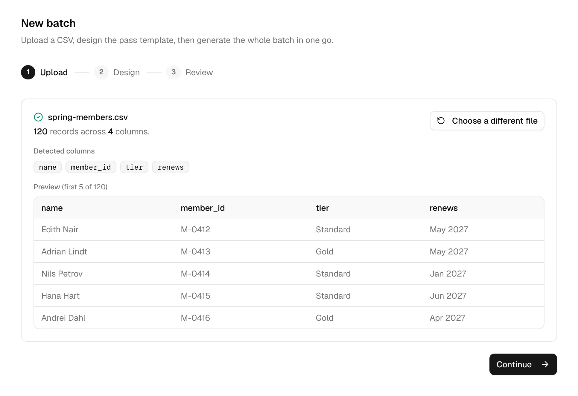 The upload step showing a parsed CSV with detected columns and a row preview