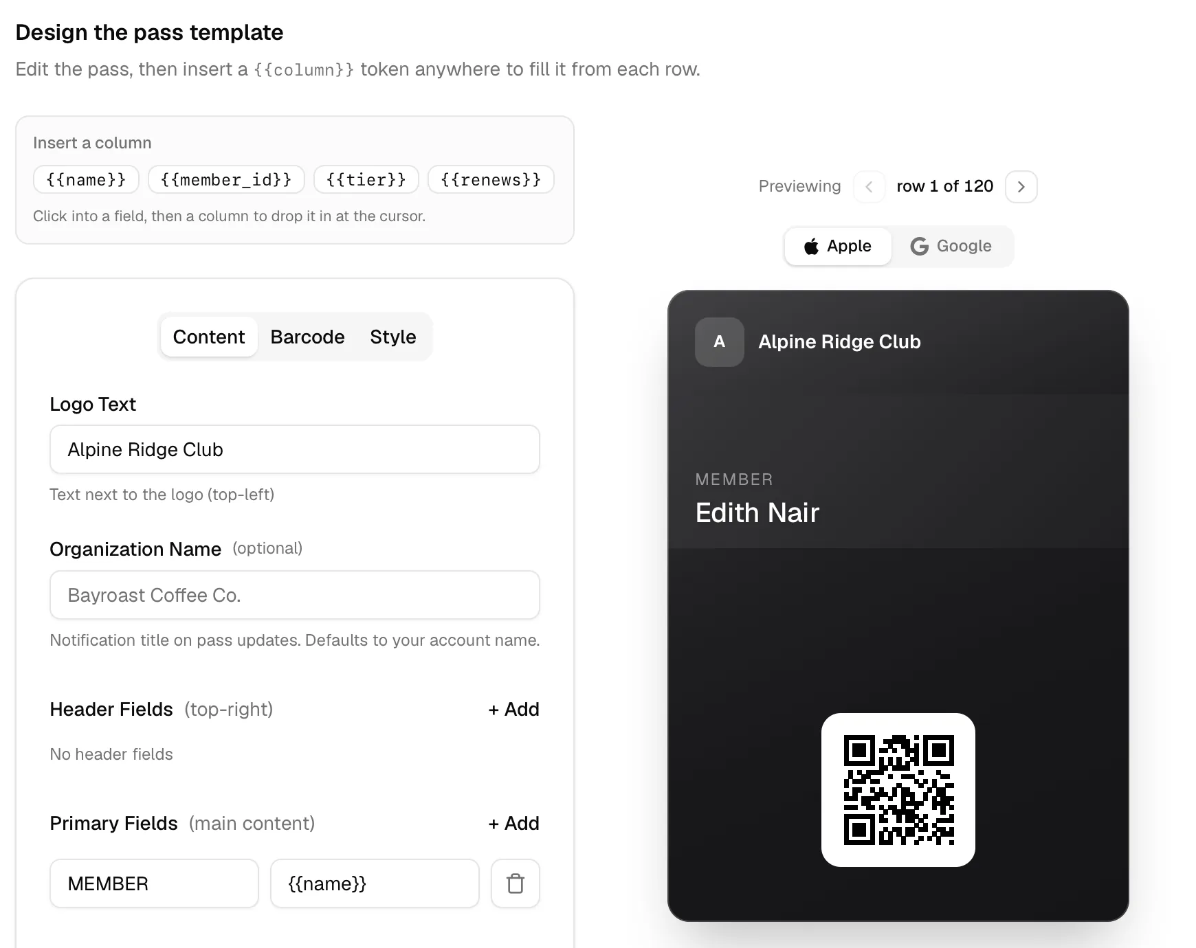 The design step with column tokens and a live preview substituting a real row