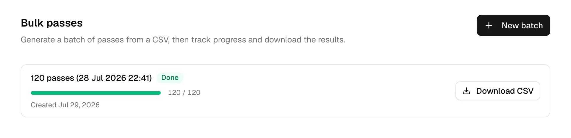 A finished batch with the Download CSV button