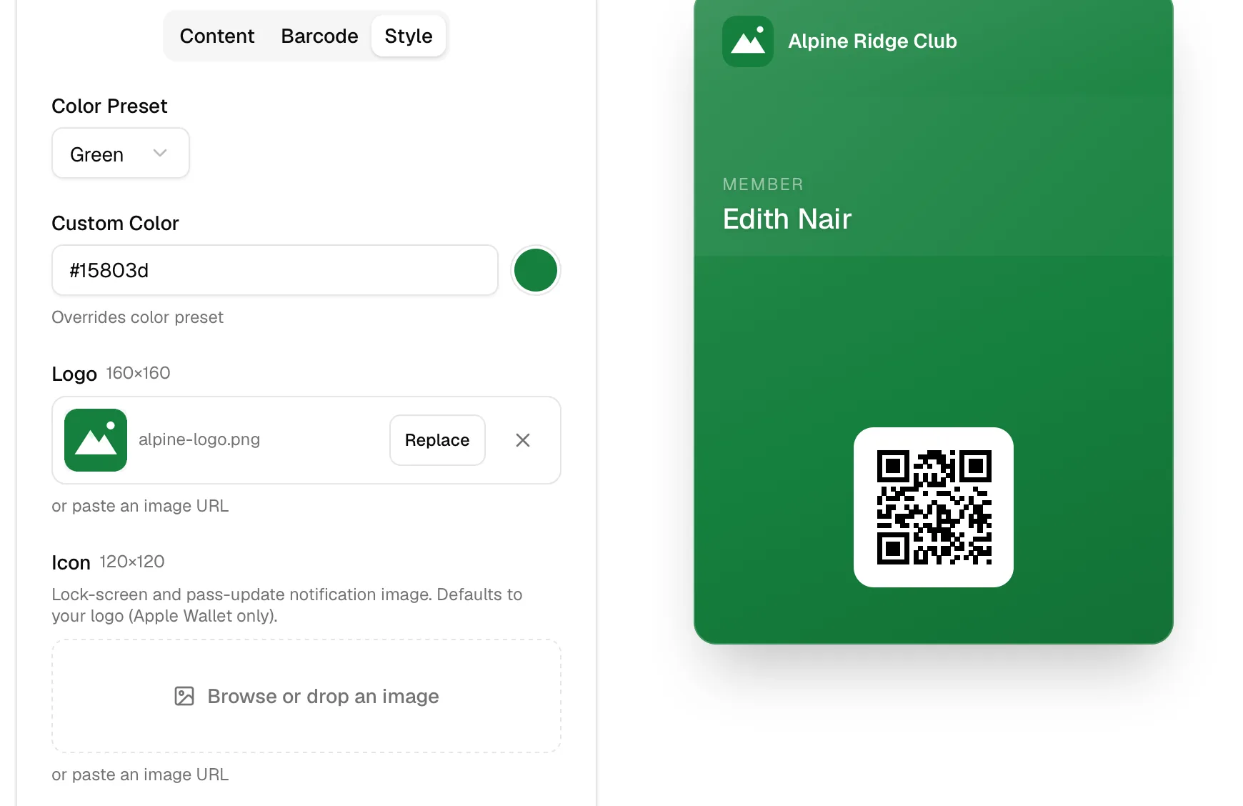 The Style tab with a color preset and image slots, and the preview pass carrying the branding