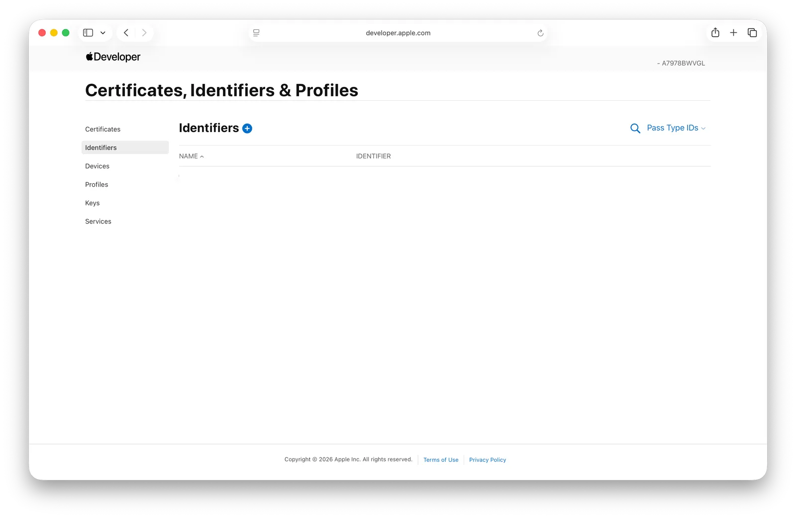 Apple Developer Identifiers page with the plus button to register an identifier
