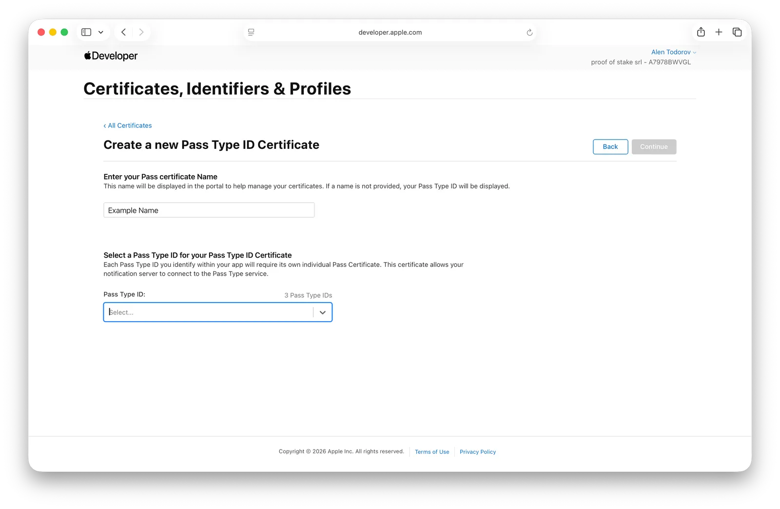 The Pass Type ID registration form
