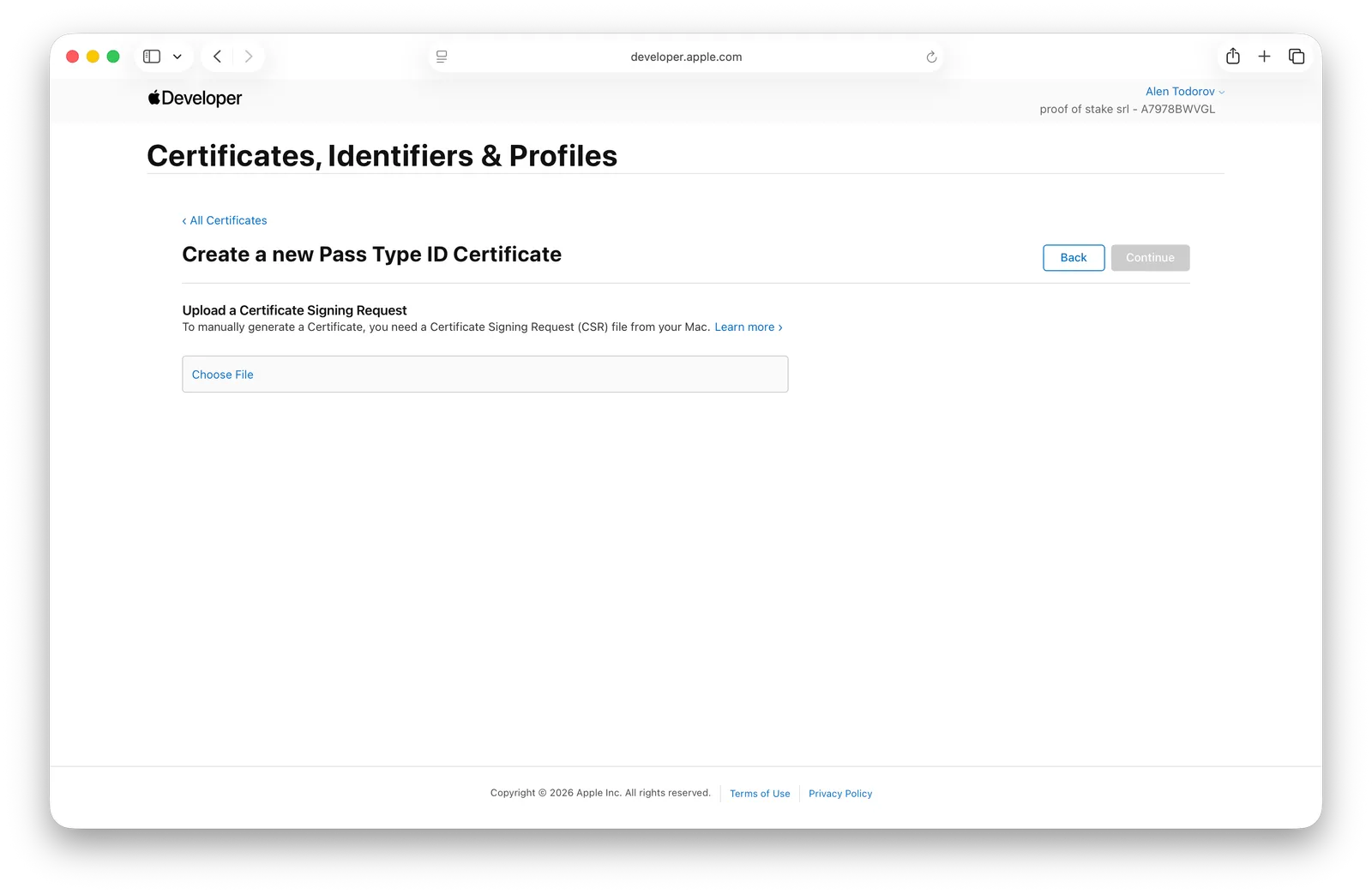 Create a new Pass Type ID Certificate, the Upload a Certificate Signing Request screen