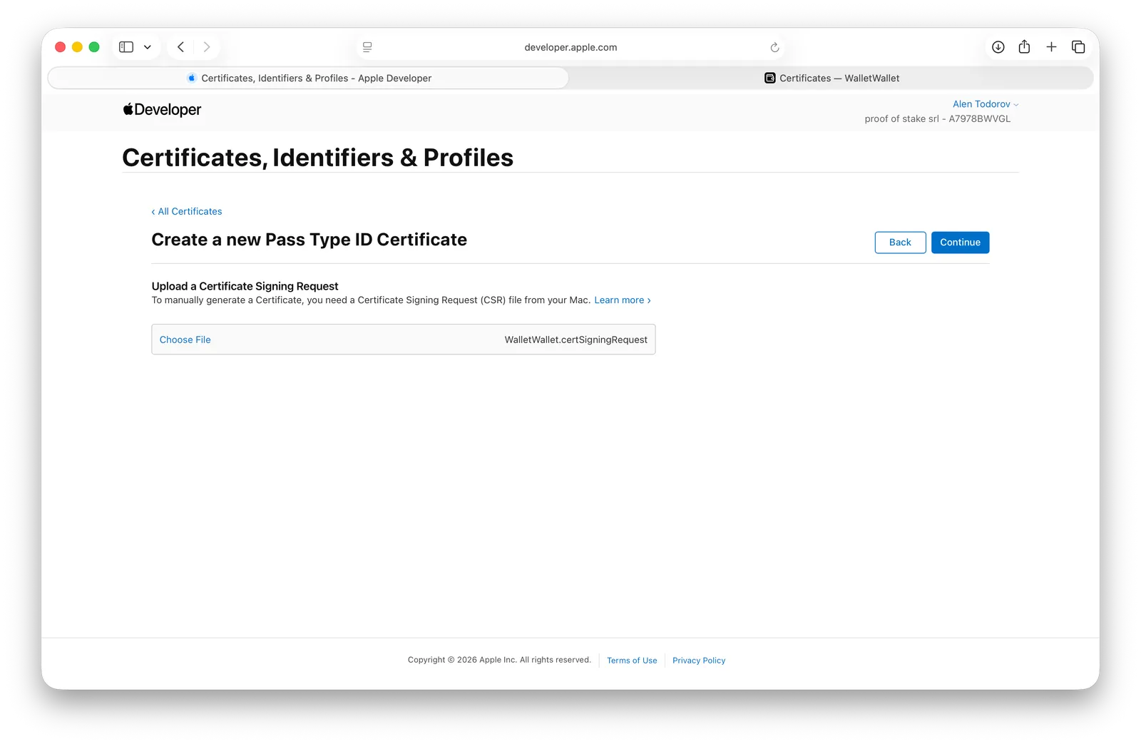 Uploading the certificate signing request to Apple