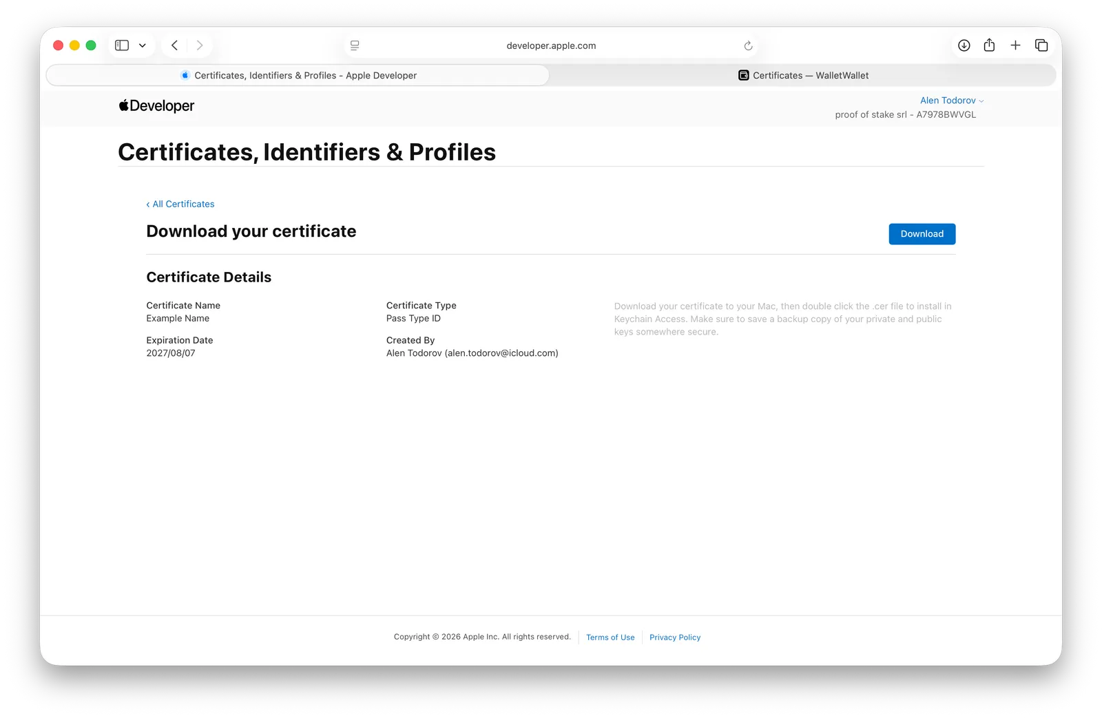 Downloading the generated Pass Type ID certificate from Apple