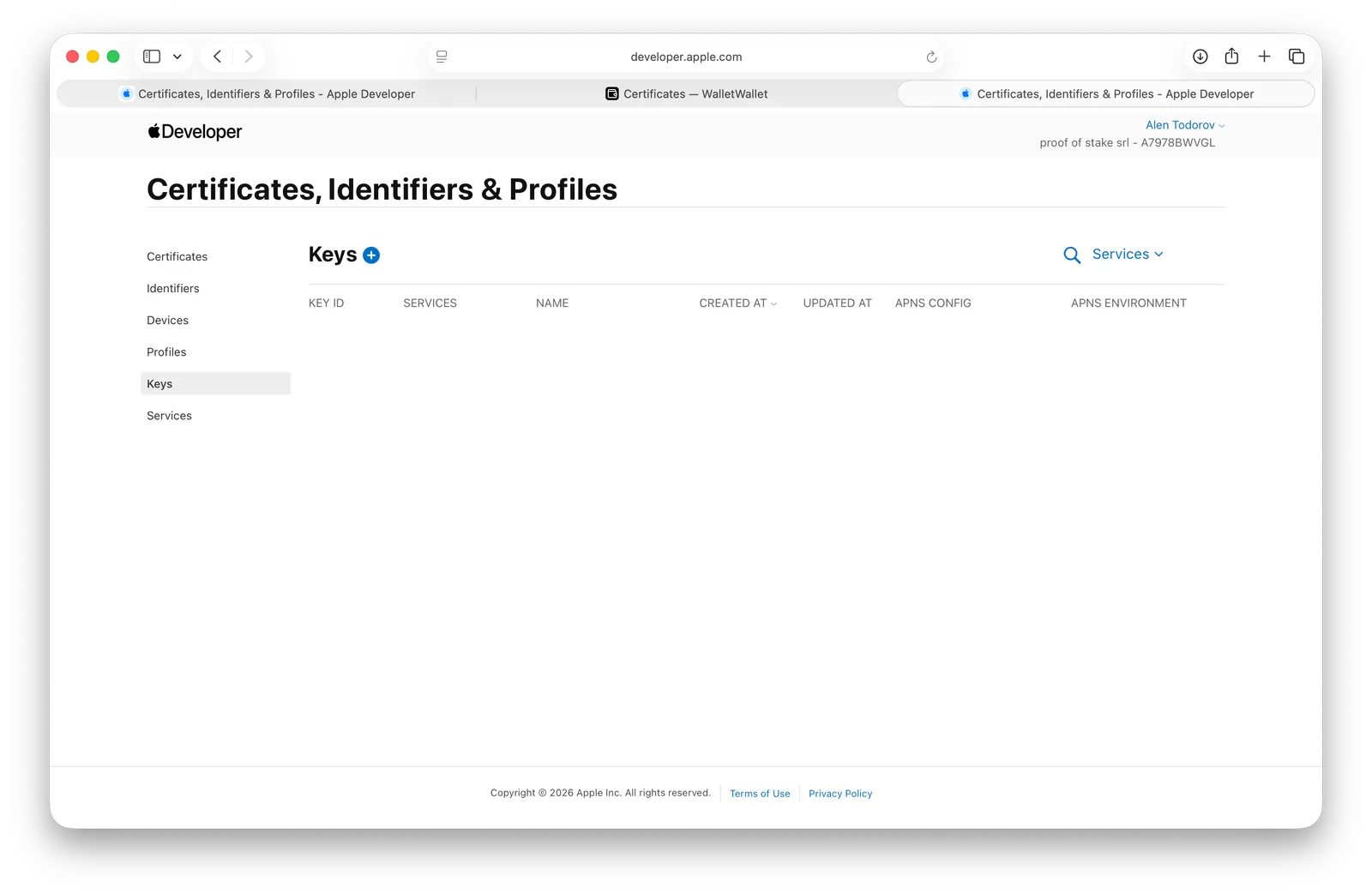 Apple Developer Keys list