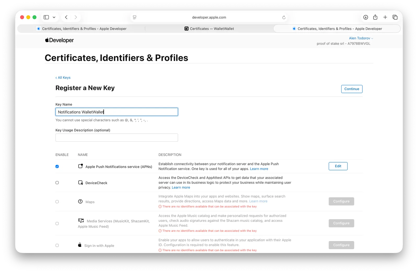 Registering a new key with the Apple Push Notification service enabled