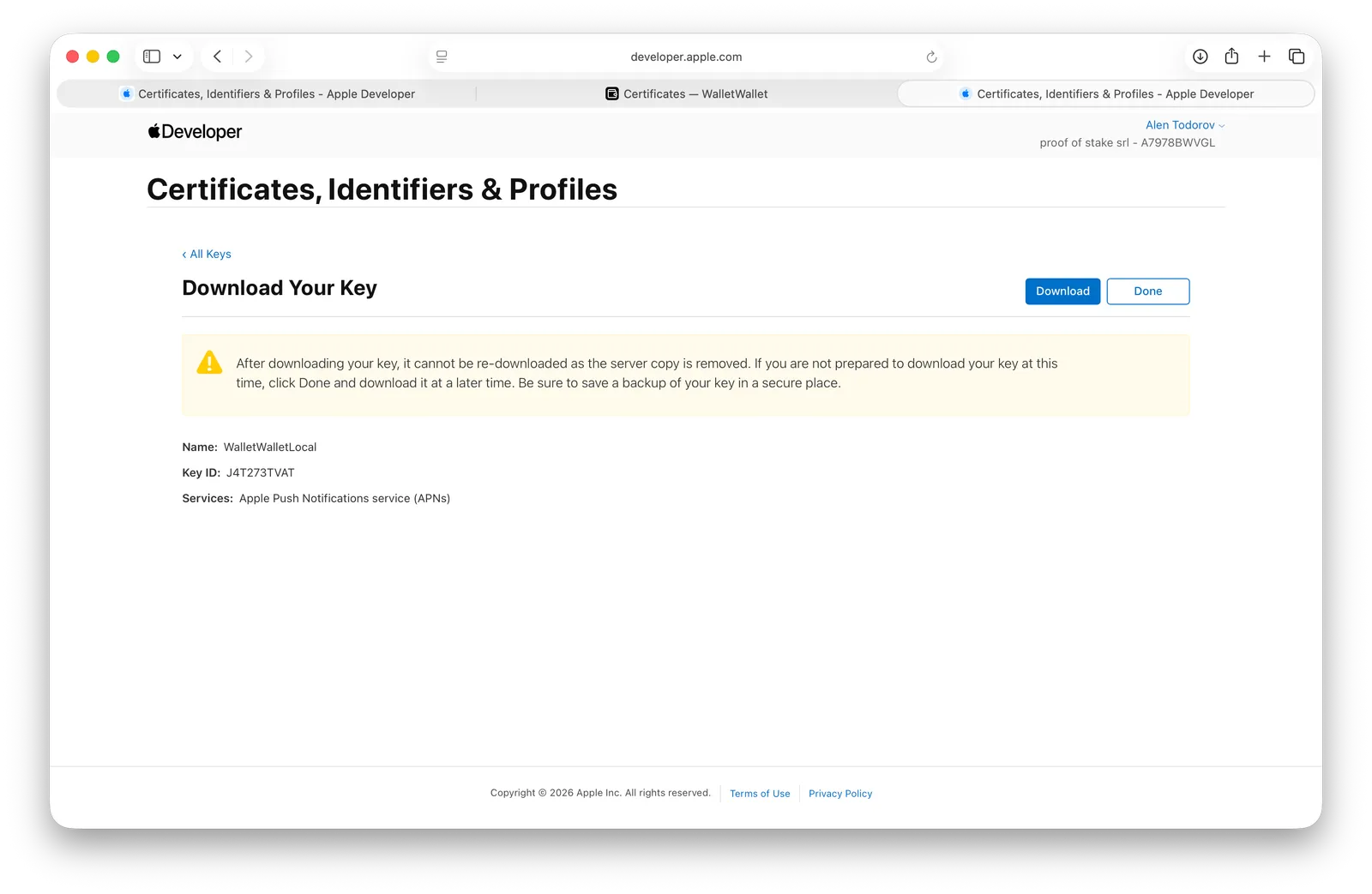 Downloading the .p8 APNs auth key