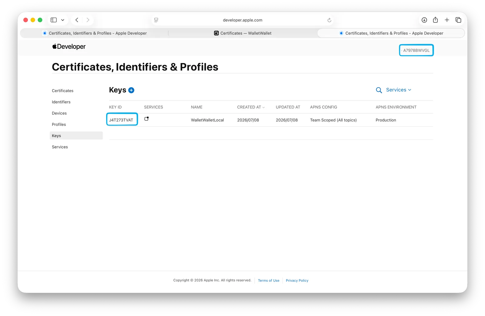 Where to find the Key ID on the key's page in the Apple Developer portal