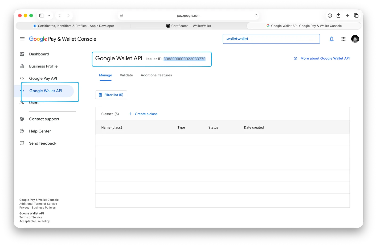 The Google Pay and Wallet Console showing the numeric Issuer ID