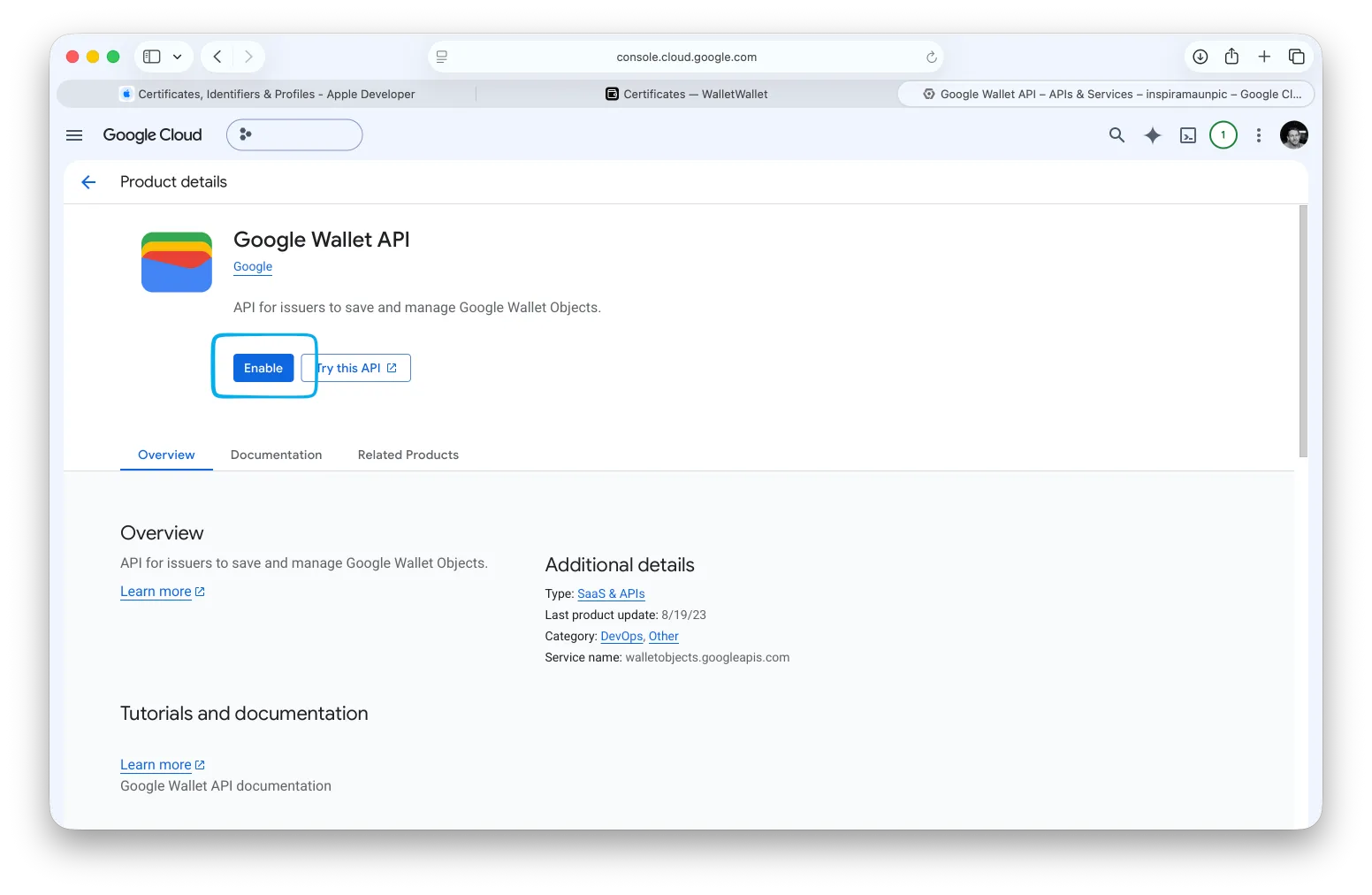 The Google Wallet API page in the Cloud Console with the Enable button