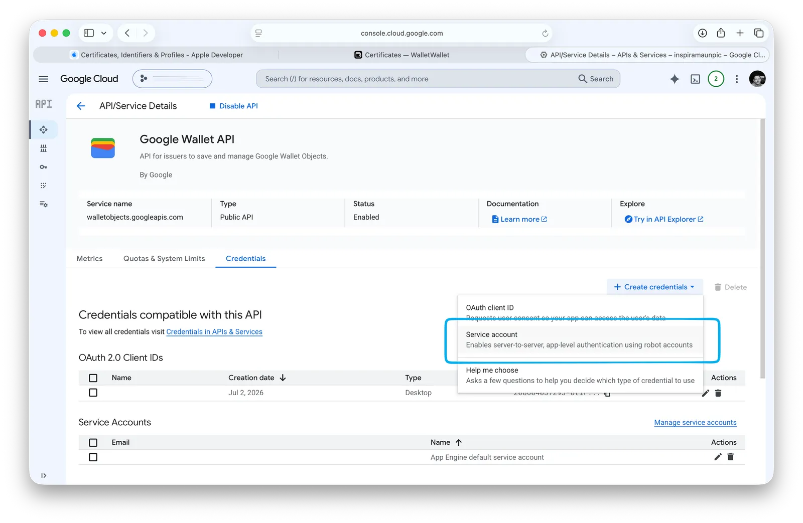 Creating a service account from the Google Wallet API Credentials tab via Create credentials