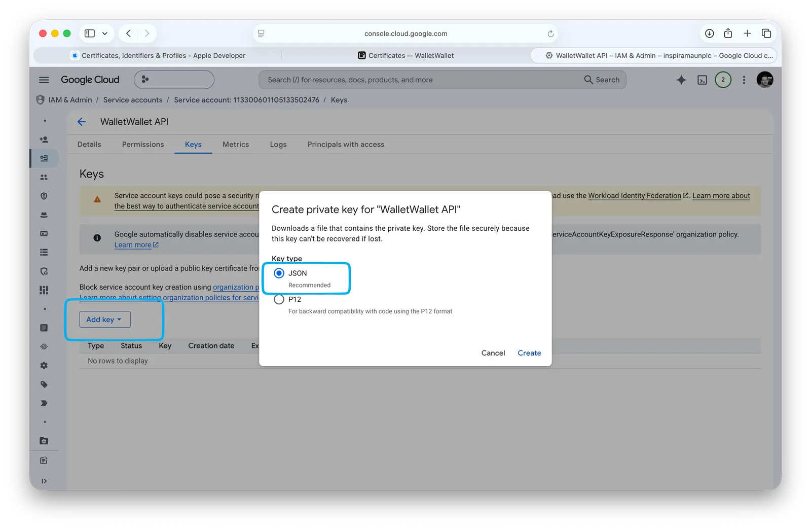 The Create private key dialog with JSON selected