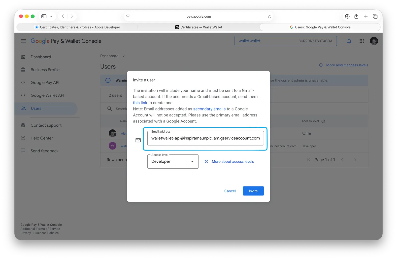 Inviting the service account email as a Developer user on the issuer in the Pay and Wallet Console